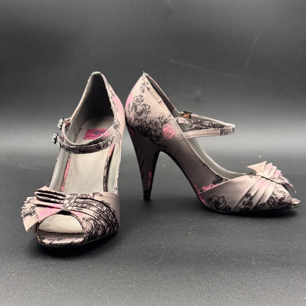 Rocket Dog Pink and Black Floral Satin Peep-Toe Heels with Bow